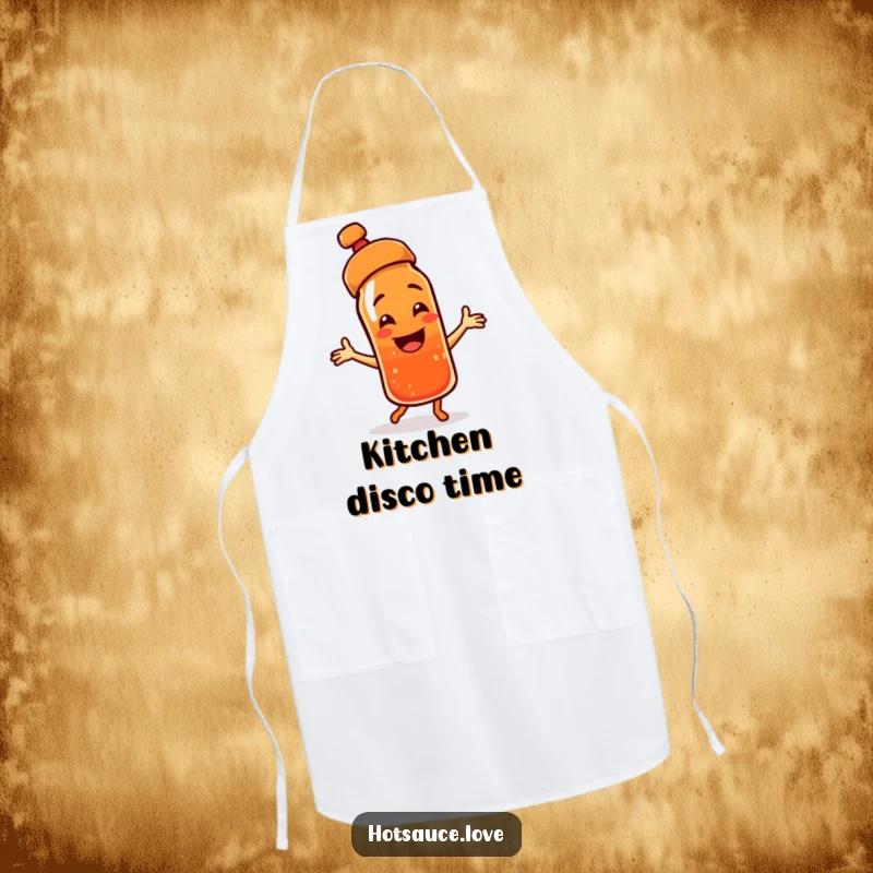 Funny chef apron featuring a smiling hot sauce bottle character, cap askew, dancing with zest while cooking.