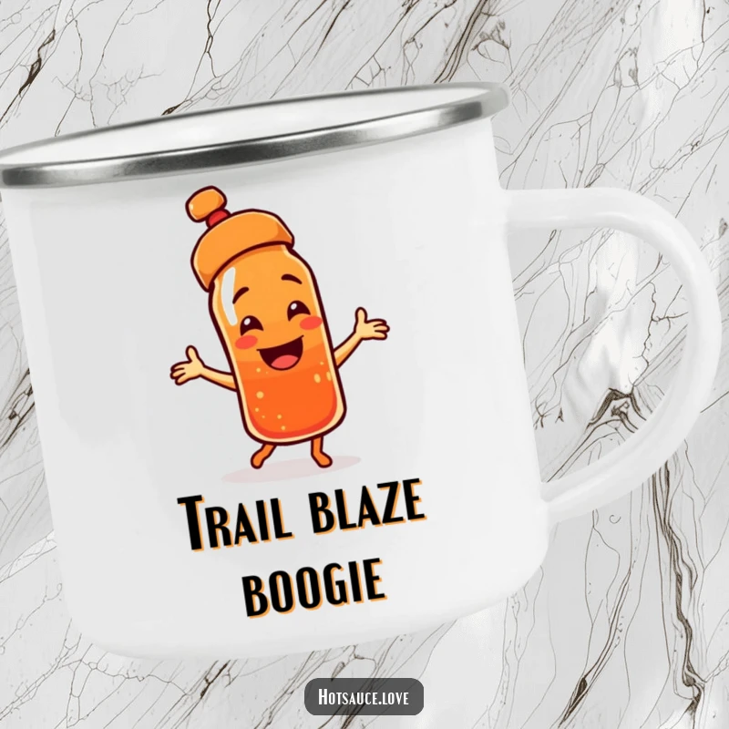 Funny camping mug featuring a smiling hot sauce bottle character, cap askew, dancing with enthusiasm around a campfire.