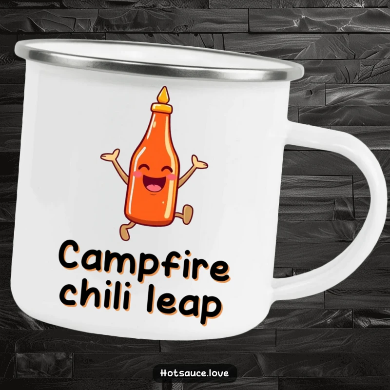 Funny camping mug showing a smiling hot sauce bottle character leaping enthusiastically, perfect for enjoying beverages outdoors with a spicy kick.
