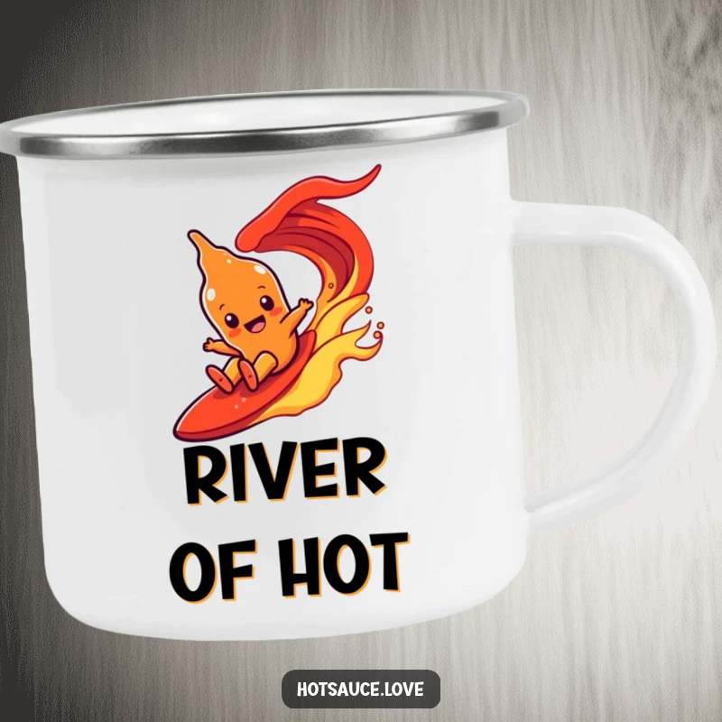 Funny camping mug featuring a hot sauce character with simple eyes joyfully surfing down a fiery red wave.
