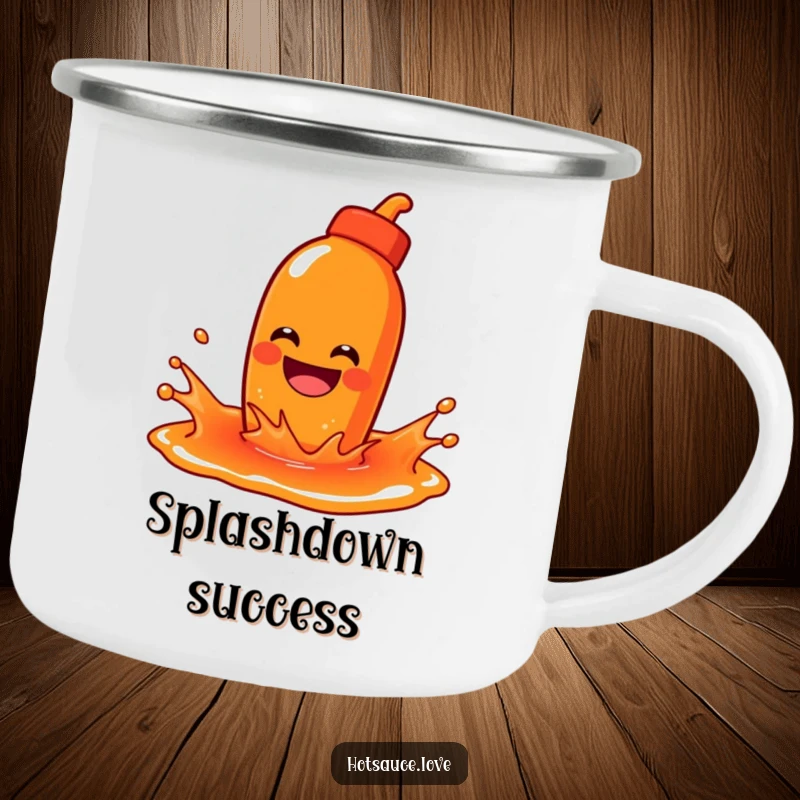 Funny camping mug featuring a hot sauce character with a wide grin playfully splashing in a puddle of sauce.