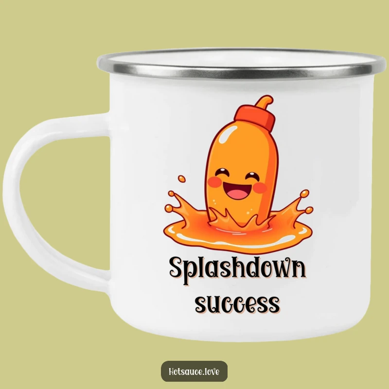 Funny Splashing Hot Sauce Camping Mug: Grinning Buddy, Adventure Funny Gift
