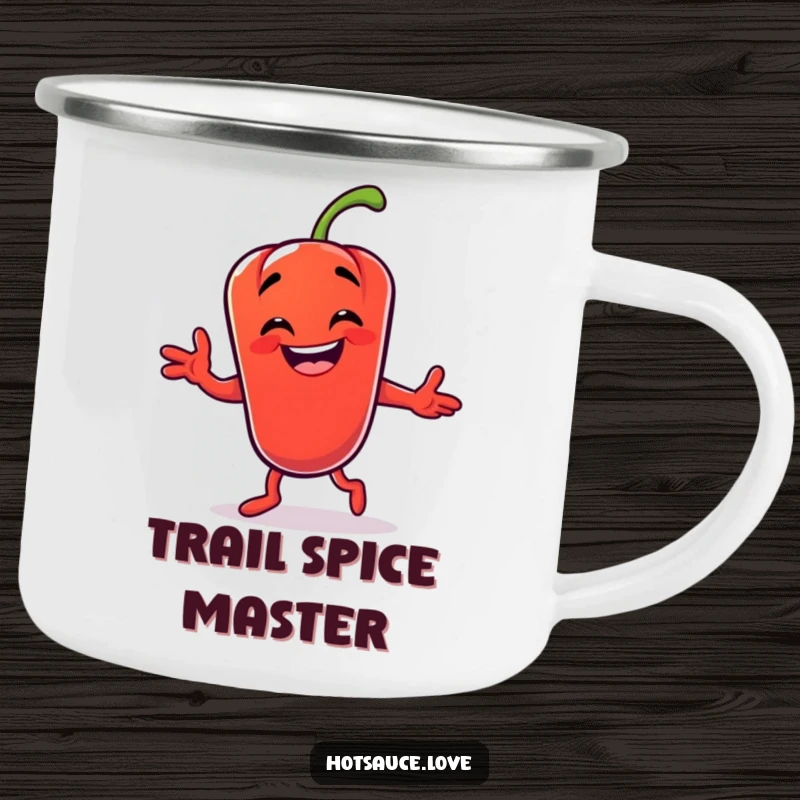 Funny camping mug with a grinning chili pepper character doing a silly dance, perfect for outdoor sipping with spicy humor.
