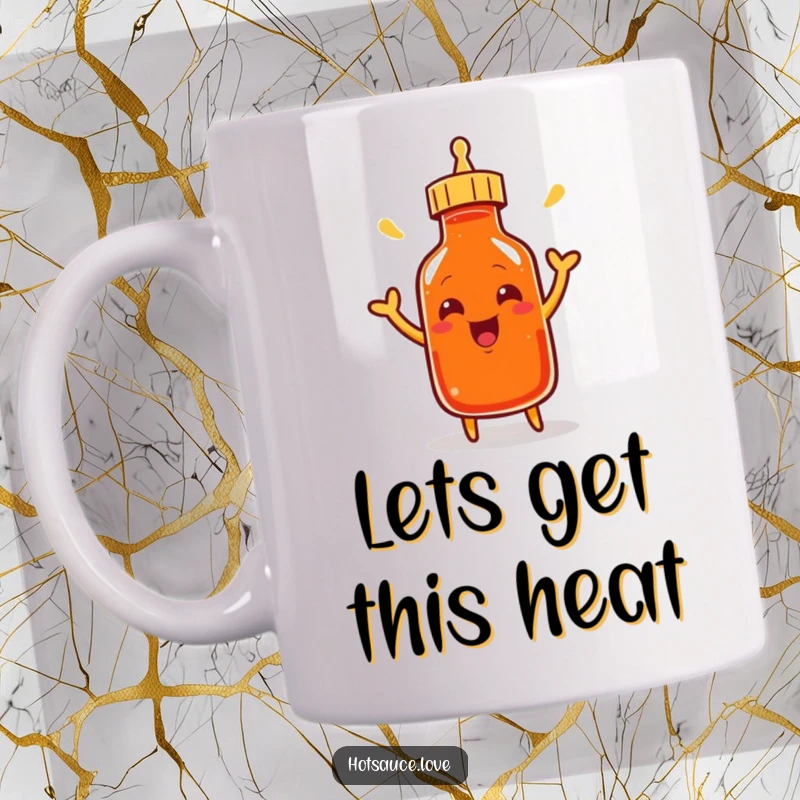 Funny mug showing a smiling cayenne pepper bottle character enthusiastically shaking its cap, ready to pour out fun.