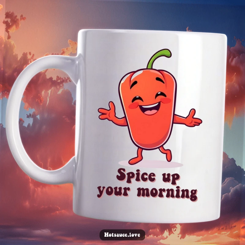 Funny mug showing a grinning chili pepper character performing a ridiculously silly dance move, radiating pure joy and spice.