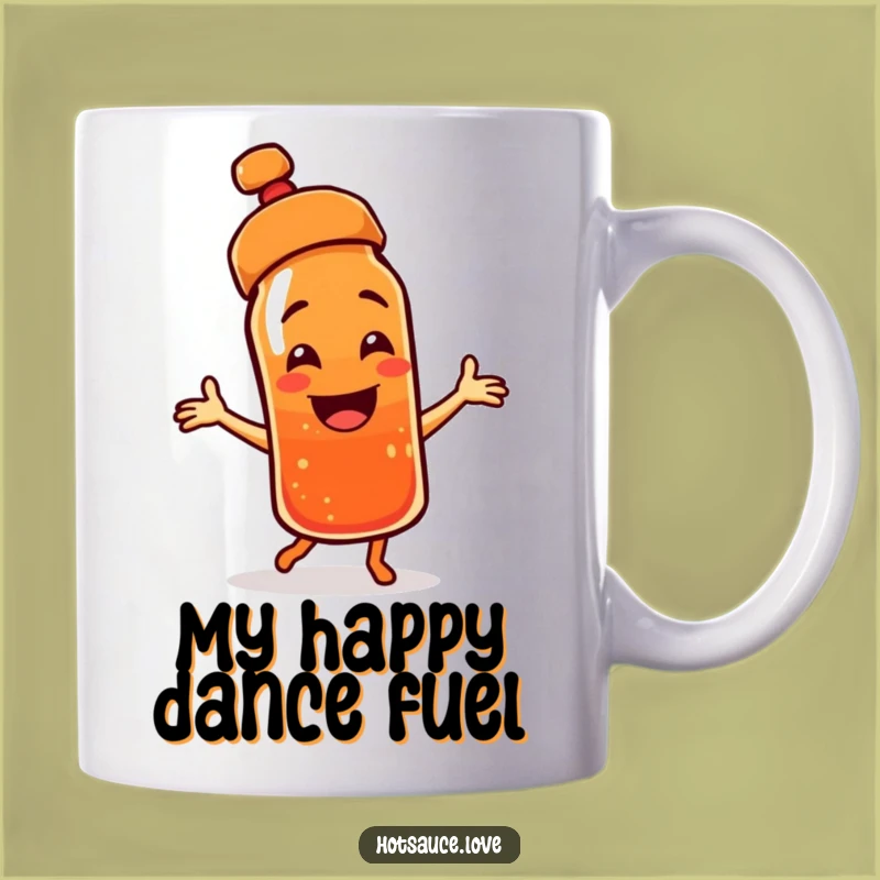 Funny Dancing Hot Sauce Mug: Exuberant Cap Askew Character, Perfect Funny Gift