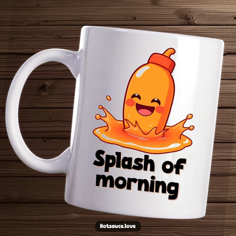 Funny mug showing a hot sauce character with a wide grin playfully splashing in a puddle of delicious-looking sauce.