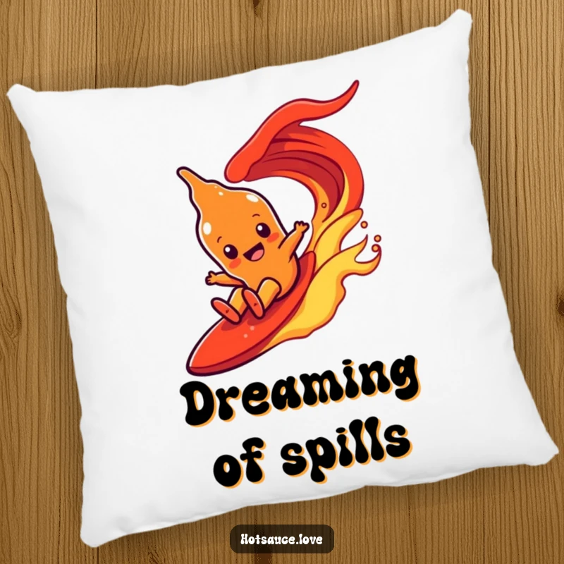 Funny decorative pillow featuring a hot sauce character with simple eyes joyfully sliding down a fiery red wave.