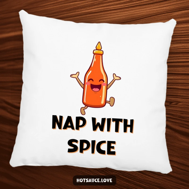 Funny pillow showcasing a smiling hot sauce bottle character leaping enthusiastically, offering comfort and a spicy touch to any room.