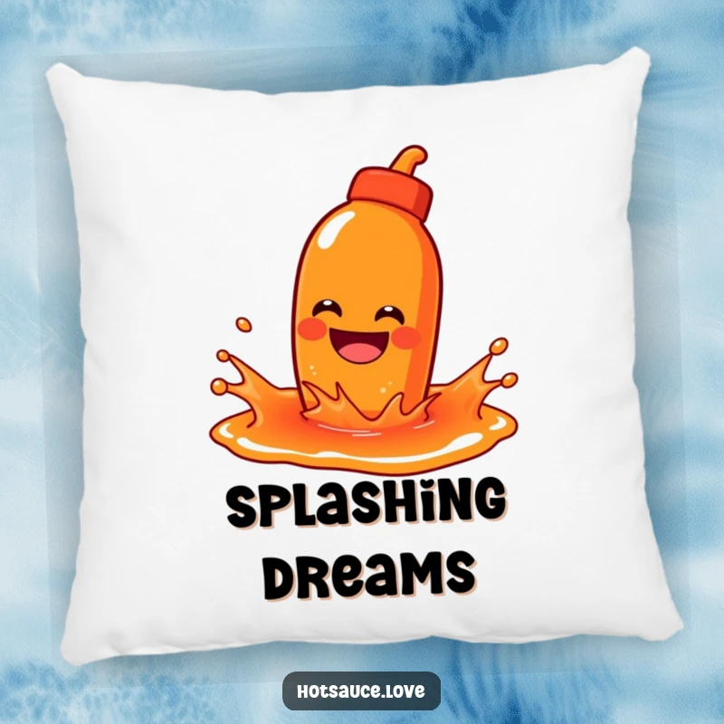 Funny decorative pillow featuring a hot sauce character with a wide grin playfully splashing in a puddle of sauce.