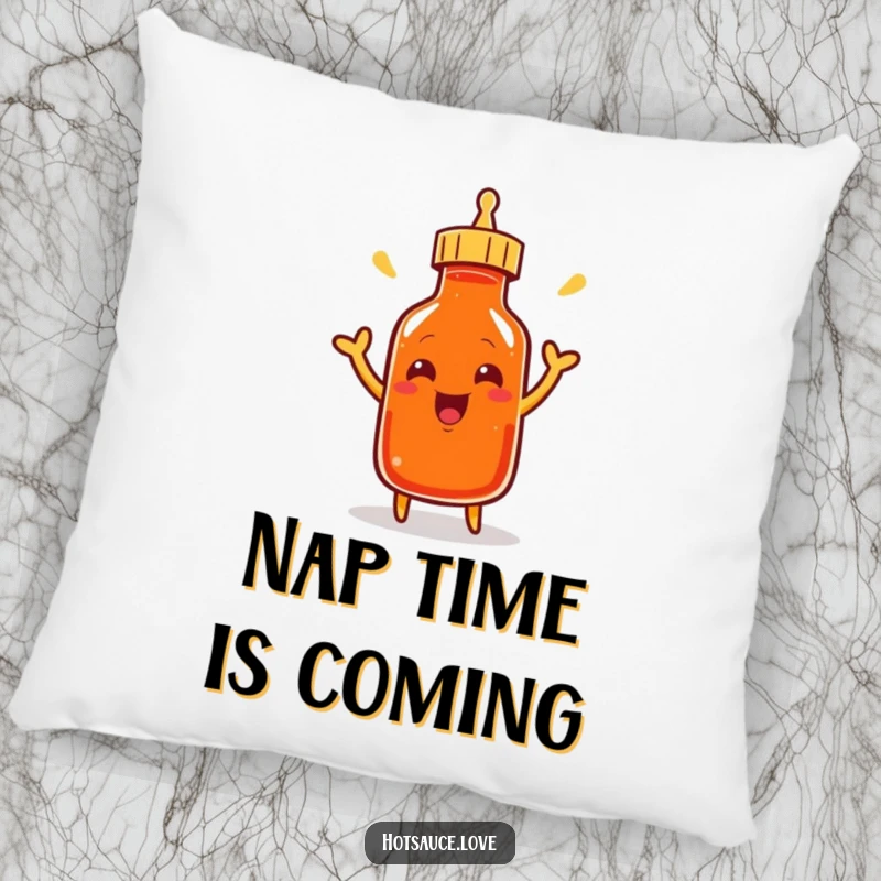 Funny pillow with a smiling cayenne pepper bottle character enthusiastically shaking its cap, offering comfort and spicy humor.