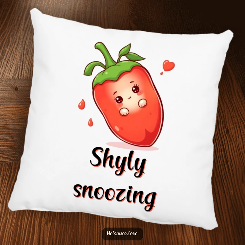Funny decorative pillow featuring a shy hot sauce bottle character peeking from behind a giant chili pepper, looking sweet.