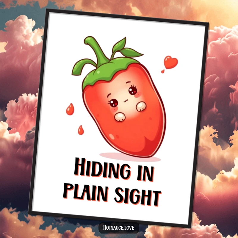 Funny digital art print of a shy hot sauce bottle character curiously peeking from behind a large chili pepper.