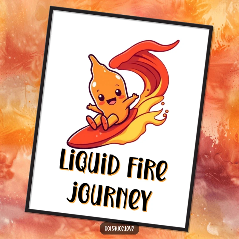 Funny digital art print of a hot sauce character with simple eyes joyfully surfing down a dynamic, fiery red wave.