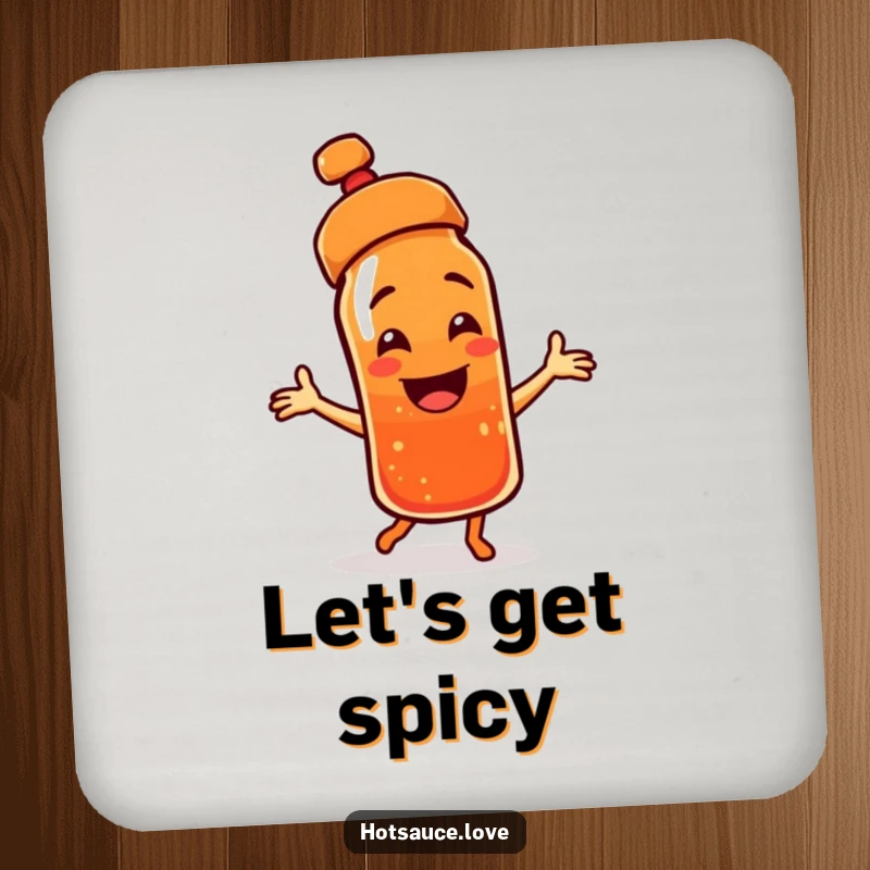 Funny drink coaster with a smiling hot sauce bottle character, cap askew, dancing energetically to protect surfaces.
