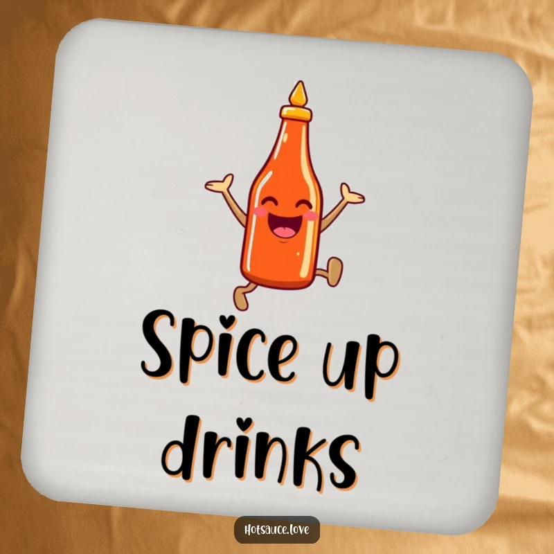 Funny drink coaster with a smiling hot sauce bottle character leaping enthusiastically, protecting surfaces with fiery, humorous flair.