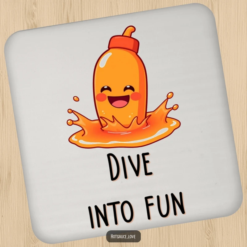 Funny drink coaster with a hot sauce character with a wide grin playfully splashing in a puddle of sauce.