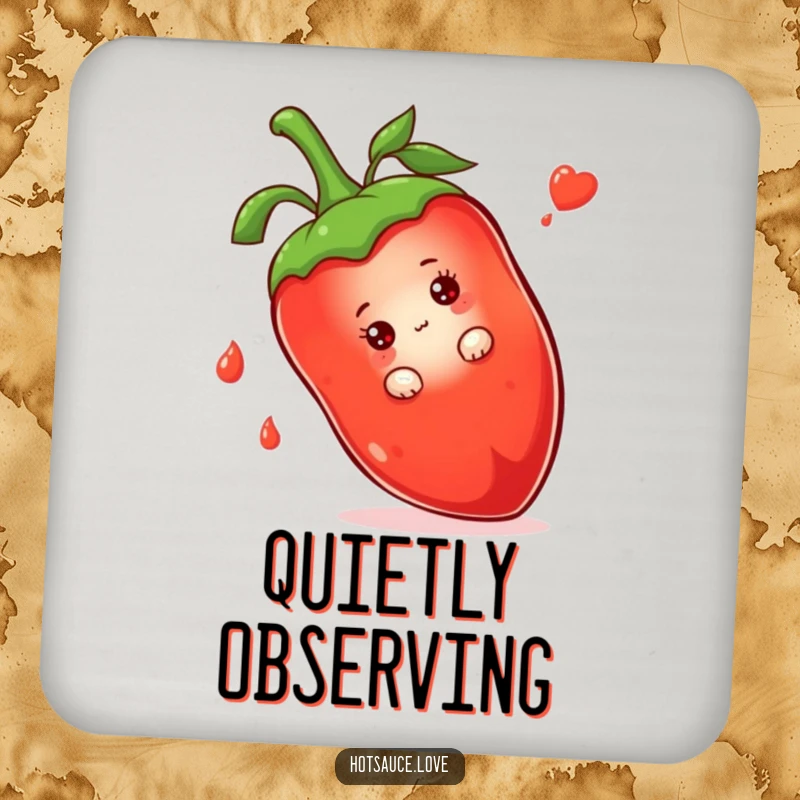 Funny drink coaster with a shy hot sauce bottle character peeking from behind a chili pepper, protecting surfaces gently.