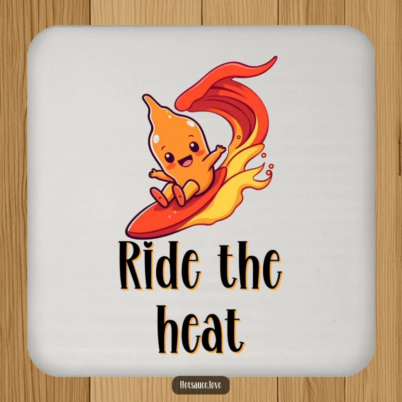 Funny drink coaster with a hot sauce character with simple eyes joyfully sliding down a fiery red wave.