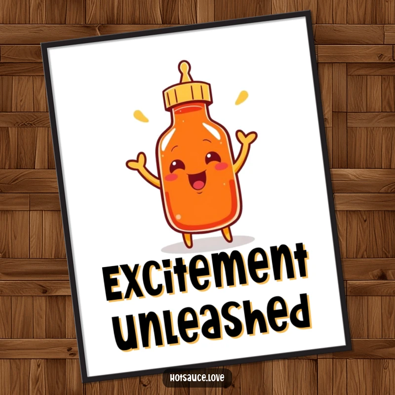 Funny poster of a smiling cayenne pepper bottle character excitedly shaking its cap, adding dynamic humor to walls.