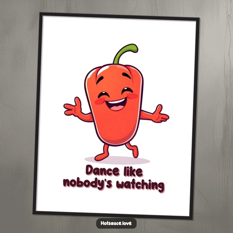 Funny poster of a grinning chili pepper character doing a wild and silly dance move, ideal for adding humor to any wall.