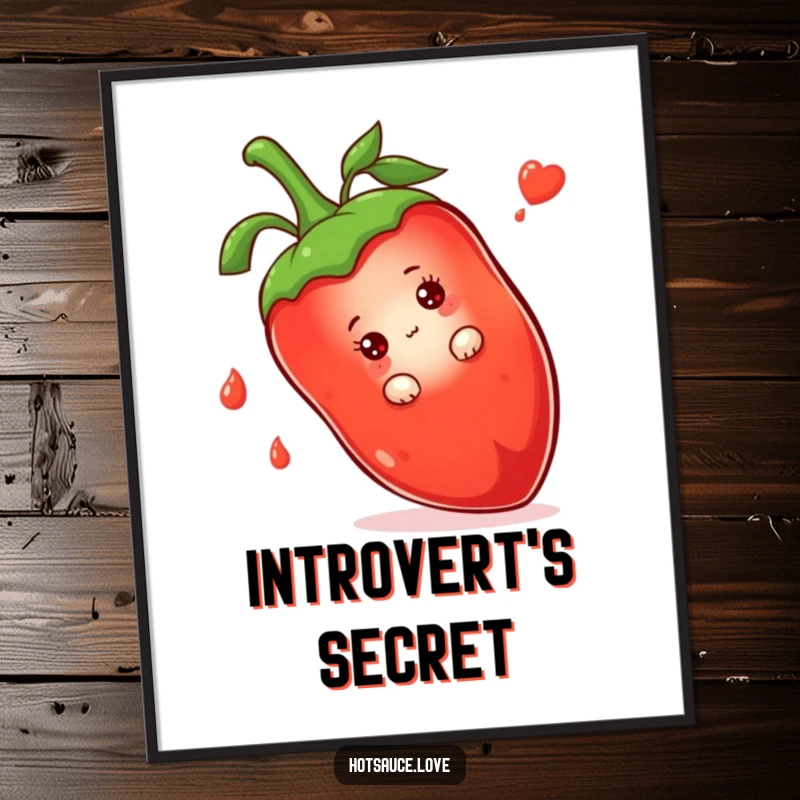 Funny poster art of a shy hot sauce bottle character curiously peeking from behind a massive chili pepper.