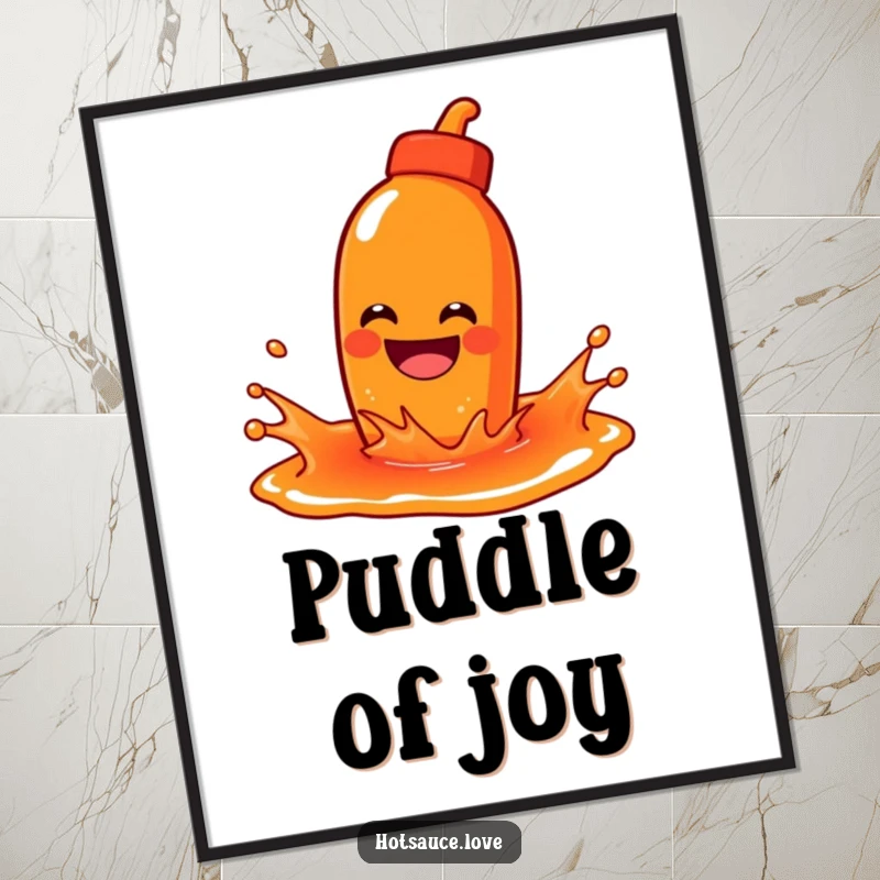 Funny poster art of a hot sauce character with a wide grin playfully splashing in a large puddle of colorful sauce.