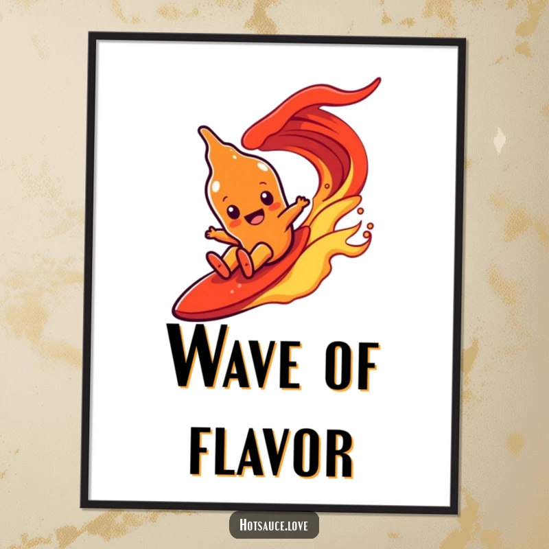 Funny poster art of a hot sauce character with simple eyes joyfully surfing an intense, fiery red wave.