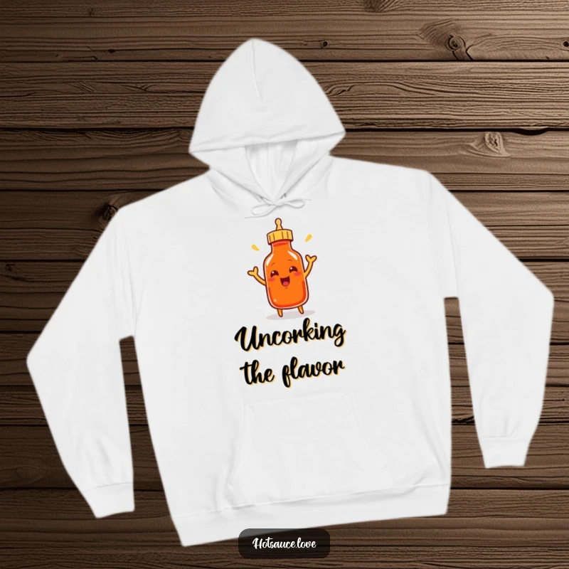 Funny hoodie featuring a smiling cayenne pepper bottle character in an excited pose, shaking its cap with glee.