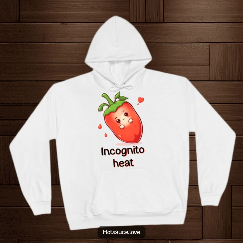 Funny hoodie with a shy hot sauce bottle character peeking from behind a giant chili pepper, looking sweet and bashful.
