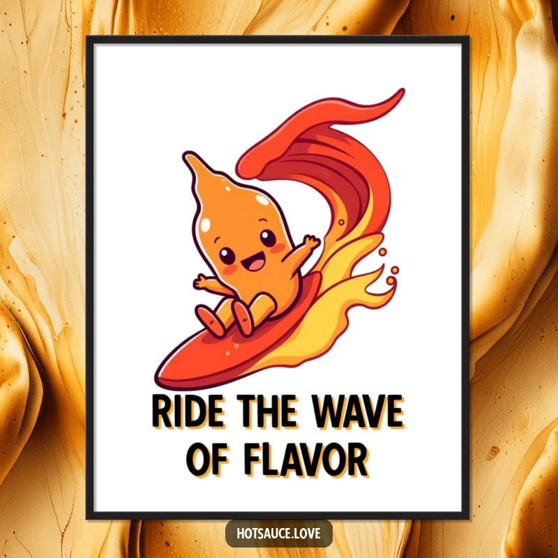 Funny Free Printable Wall Art: A hot sauce bottle with simple eyes joyfully slides down a stylized, fiery red wave. Dynamic and fun.