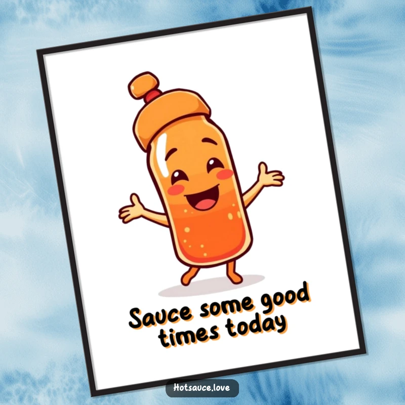Funny Free Printable Wall Art: A happy hot sauce bottle with a tilted cap is exuberantly dancing. Vibrant and humorous.