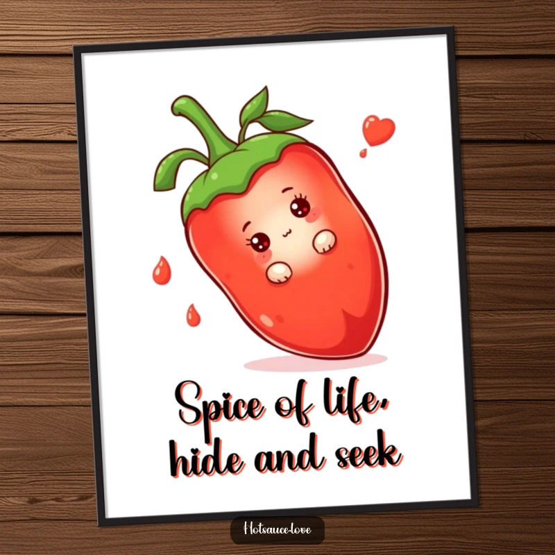 Funny Free Printable Wall Art: A shy hot sauce bottle character peeks playfully from behind an oversized chili pepper. Playful and cute.