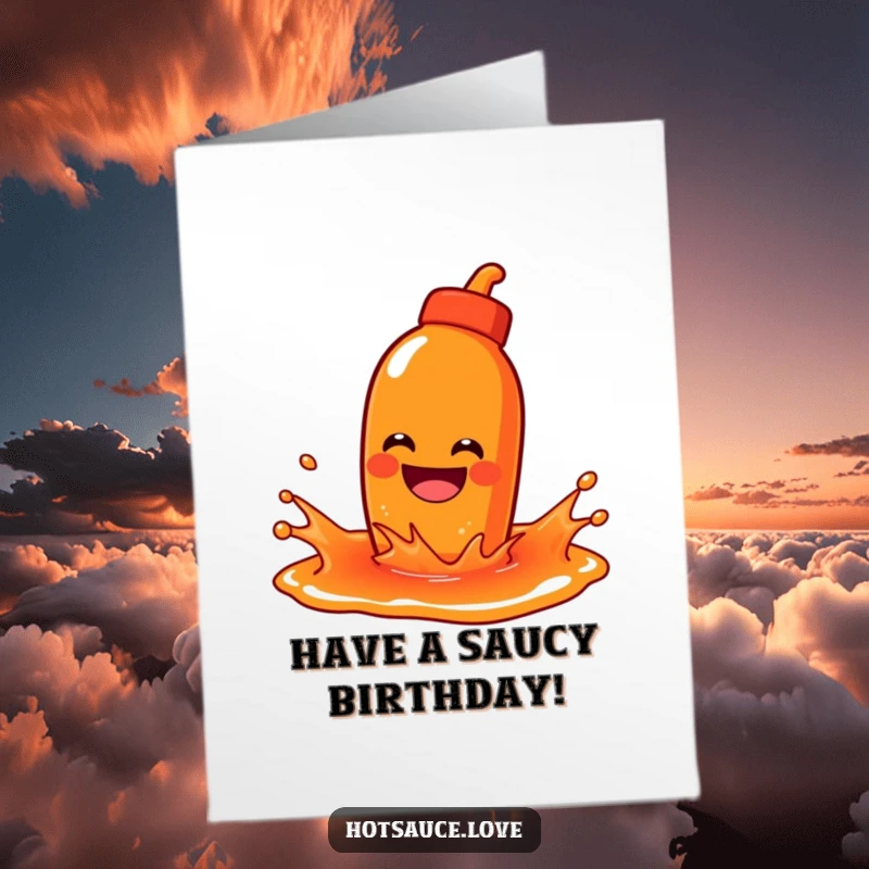 Funny Free Printable Birthday Card: A hot sauce bottle with a wide grin playfully splashes around in a puddle of its own sauce. Joyful mess.