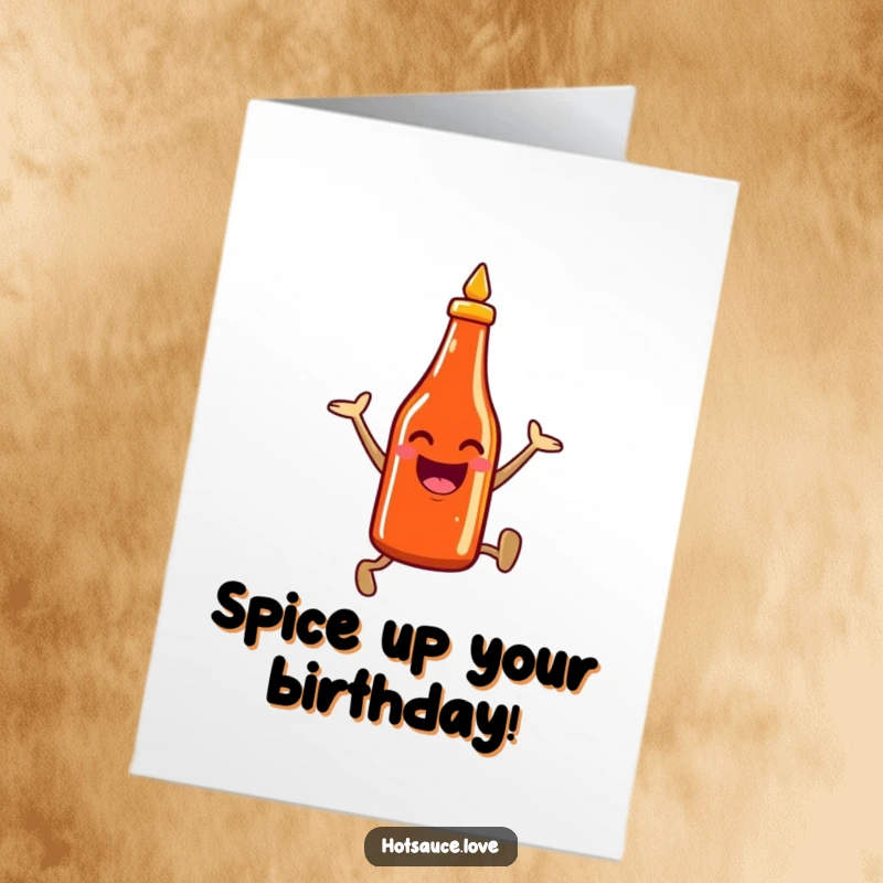 Funny Free Printable Birthday Card: A smiling hot sauce bottle character leaping energetically with pure excitement.