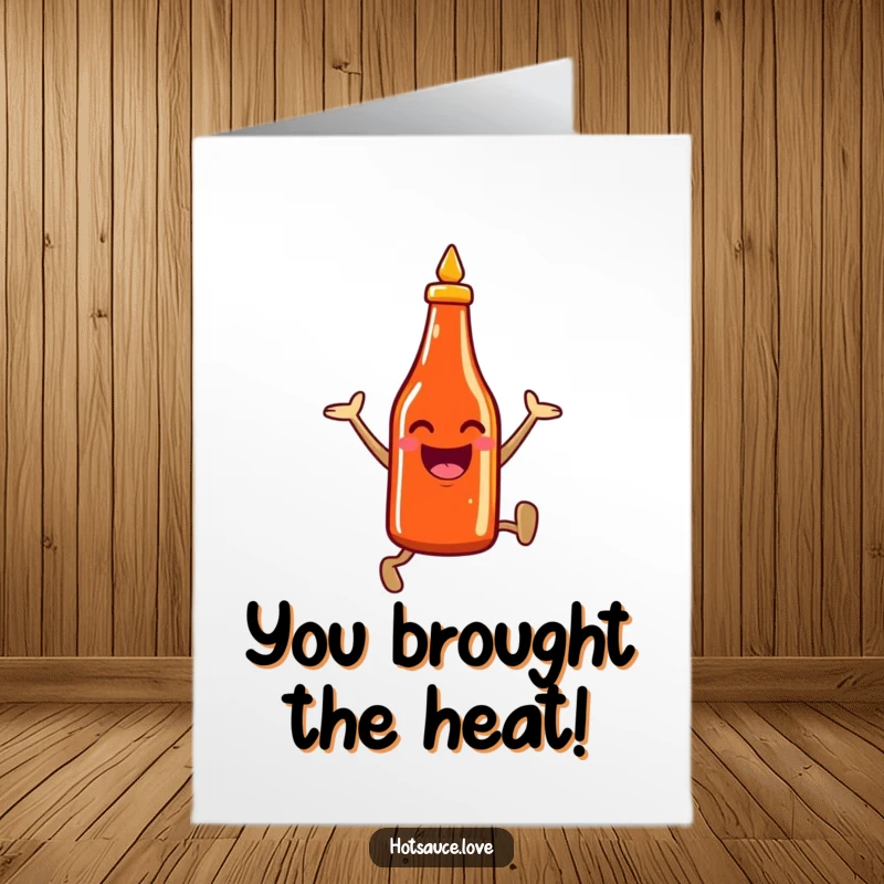 Funny Free Printable Congratulations Card: A smiling hot sauce bottle character jumping high in a celebratory leap.