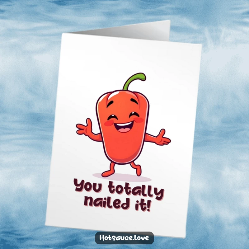 Funny Free Printable Congratulations Card featuring a grinning chili pepper character in a joyful, silly dance move celebrating success.