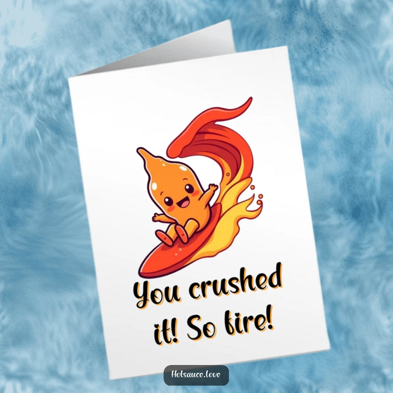 Funny Free Printable Congrats Card: A hot sauce bottle joyfully slides down a bold, red, fiery wave. Symbolizing success and excitement.