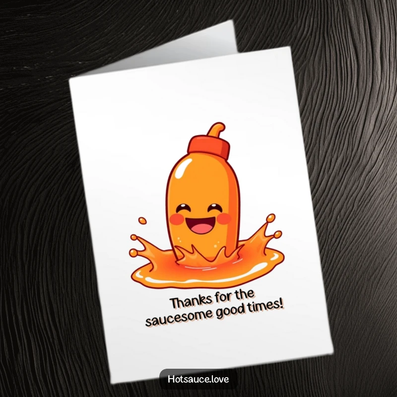 Funny Free Printable Thank You Card: A grinning hot sauce bottle joyfully splashes in a puddle of sauce, conveying thanks with fun. Playful.