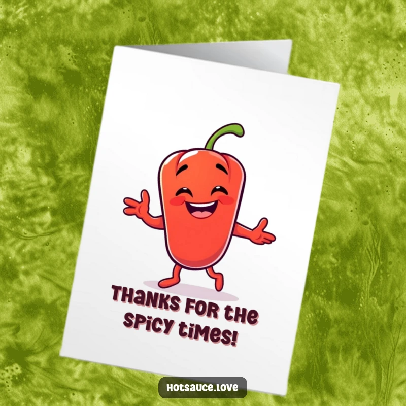 Funny Free Printable Thank You Card with a grinning chili pepper character busting out a funny dance to express thanks.