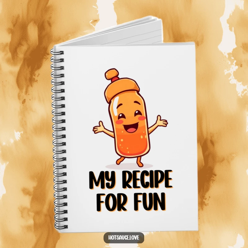 Funny notebook with a smiling hot sauce bottle character, cap askew, joyfully dancing across the cover.