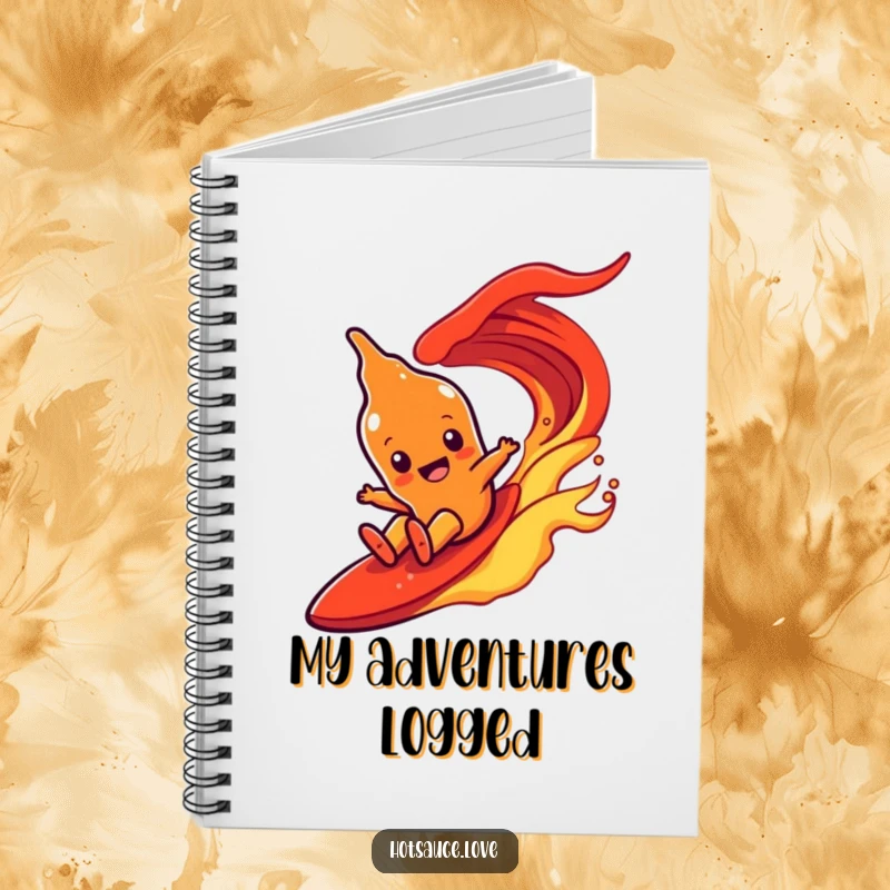 Funny notebook with a hot sauce character with simple eyes joyfully sliding down a fiery red wave on the cover.