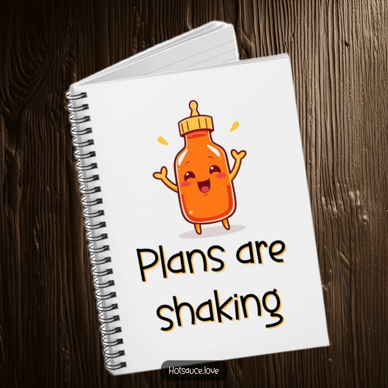 Funny notebook with a smiling cayenne pepper bottle character excitedly shaking its cap, ideal for capturing energetic ideas.