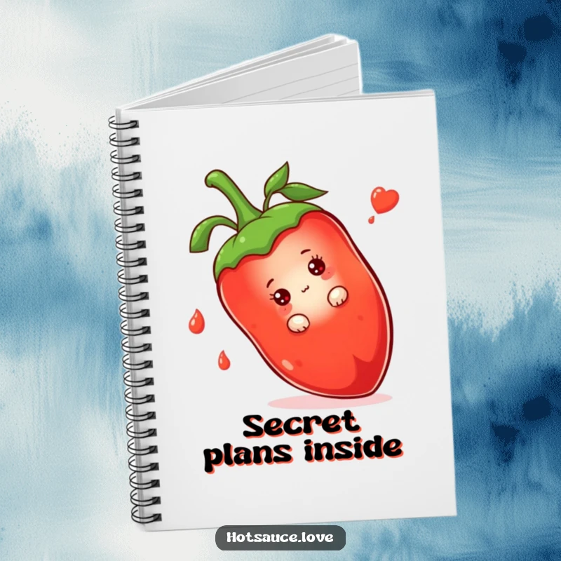 Funny notebook with a shy hot sauce bottle character peeking from behind a large chili pepper on the cover.