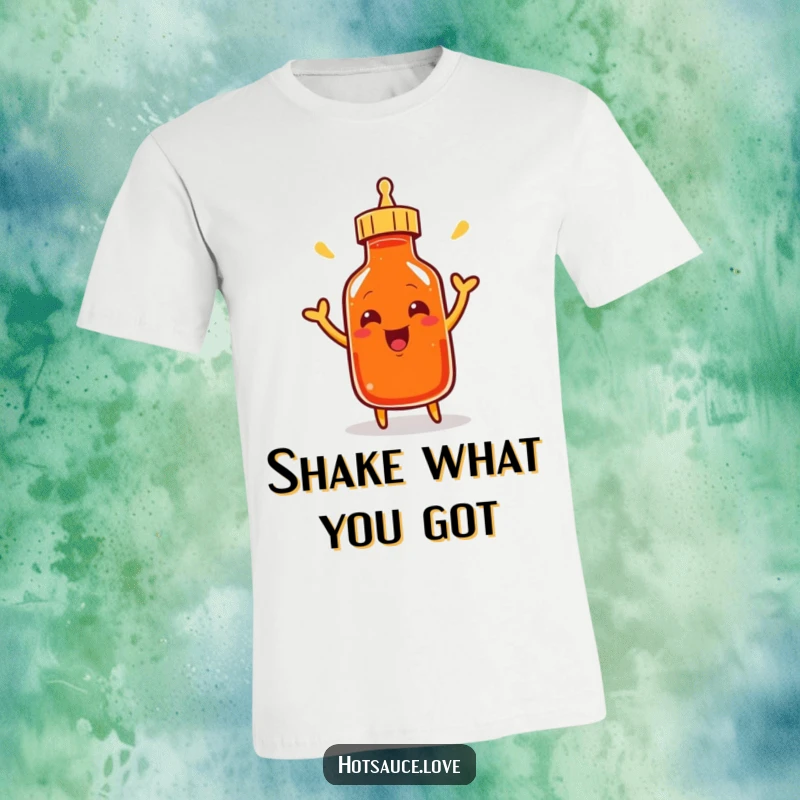 Funny t-shirt depicting a smiling cayenne pepper bottle character excitedly shaking its cap, ready to burst with energy.