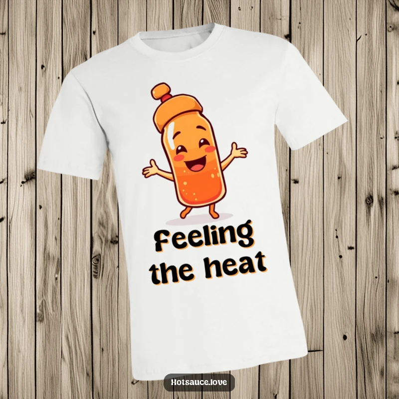 Funny t-shirt showcasing a smiling hot sauce bottle character with a cap askew, captured mid-dance, radiating pure energy.