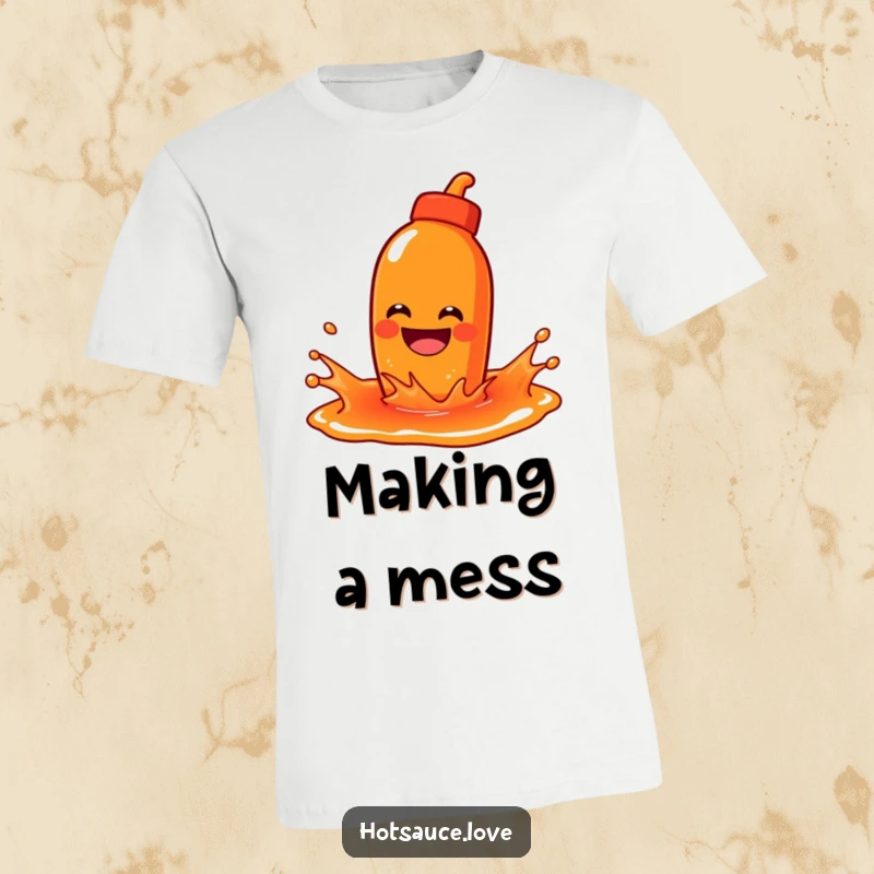 Funny t-shirt featuring a hot sauce character with a wide grin joyfully splashing around in a puddle of colorful sauce.