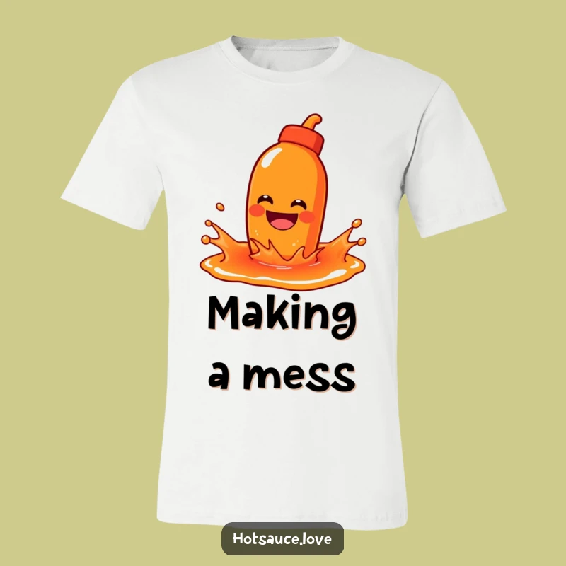 Funny Splashing Hot Sauce T-Shirt: Grinning Character, Playful Funny Gift
