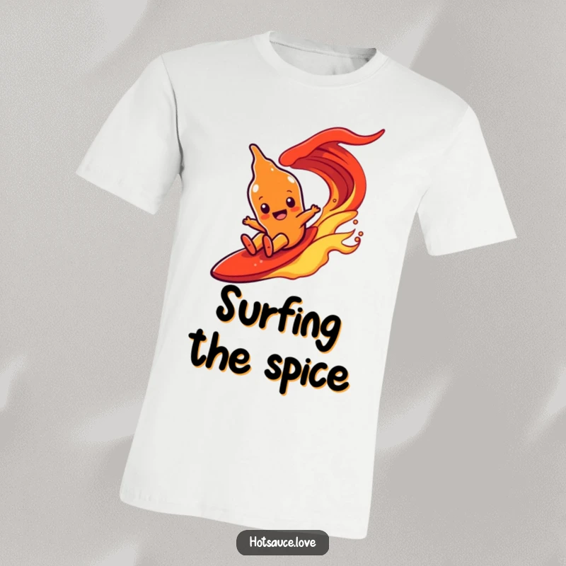 Funny t-shirt featuring a hot sauce character with simple eyes joyfully surfing down a dynamic, red fiery wave.