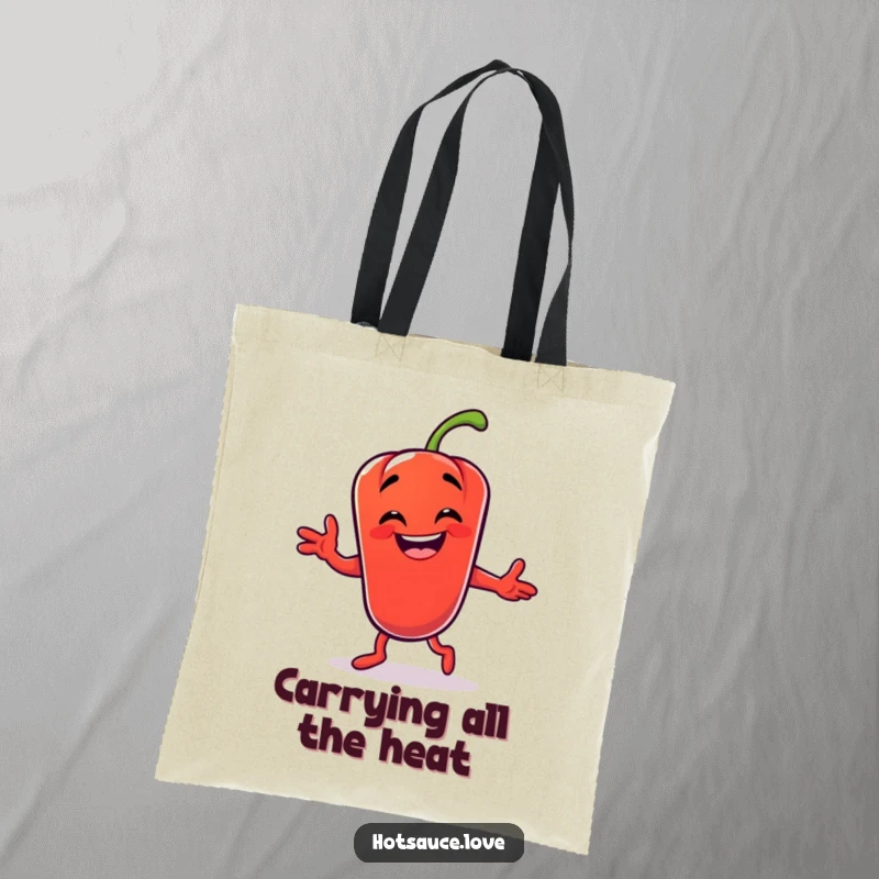 Funny tote bag with a grinning chili pepper character energetically performing a silly dance, perfect for carrying groceries with humor.